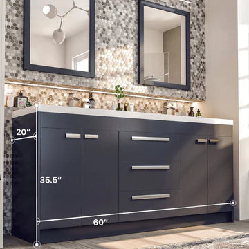 Lugano 60"W x 20"D Gray Double Sink Bathroom Vanity with White Acrylic Countertop and Integrated Sinks EVVN1500-8-60GR