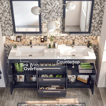 Lugano 60"W x 20"D Gray Double Sink Bathroom Vanity with White Acrylic Countertop and Integrated Sinks EVVN1500-8-60GR