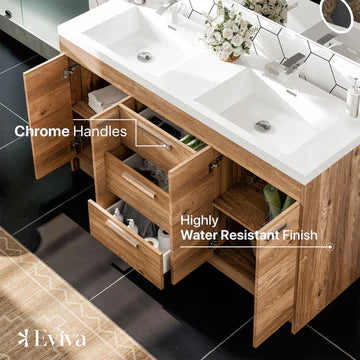 Lugano 60"W x 20"D Natural Oak Double Sink Bathroom Vanity with White Acrylic Countertop and Integrated Sinks EVVN1500-8-60NOK