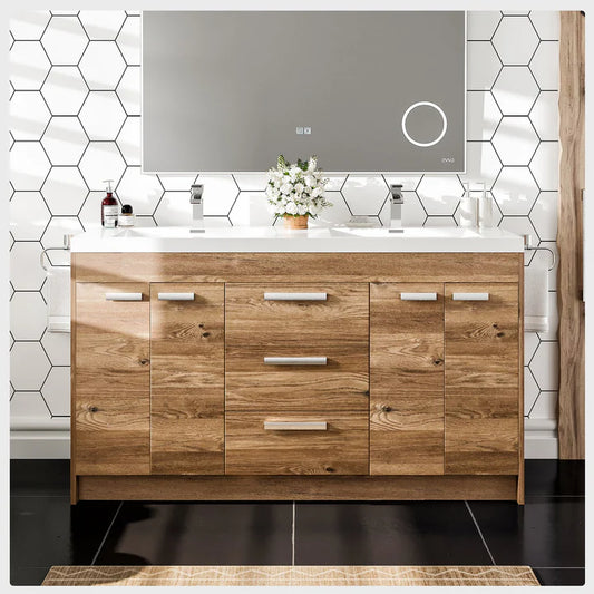 Lugano 60"W x 20"D Natural Oak Double Sink Bathroom Vanity with White Acrylic Countertop and Integrated Sinks EVVN1500-8-60NOK