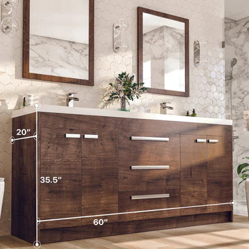 Lugano 60"W x 20"D Rosewood Double Sink Bathroom Vanity with White Acrylic Countertop and Integrated Sinks EVVN1500-8-60RSWD