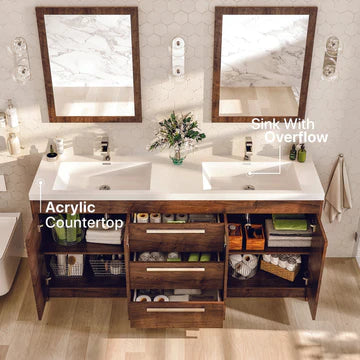 Lugano 60"W x 20"D Rosewood Double Sink Bathroom Vanity with White Acrylic Countertop and Integrated Sinks EVVN1500-8-60RSWD