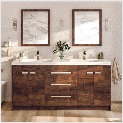 Lugano 60"W x 20"D Rosewood Double Sink Bathroom Vanity with White Acrylic Countertop and Integrated Sinks EVVN1500-8-60RSWD