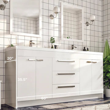 Lugano 60"W x 20"D White Double Sink Bathroom Vanity with White Acrylic Countertop and Integrated Sinks EVVN1500-8-60WH