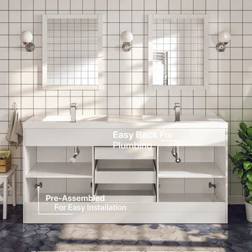 Lugano 60"W x 20"D White Double Sink Bathroom Vanity with White Acrylic Countertop and Integrated Sinks EVVN1500-8-60WH