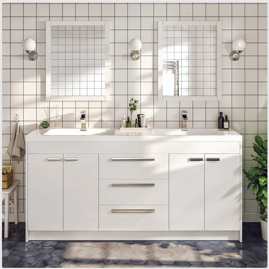 Lugano 60"W x 20"D White Double Sink Bathroom Vanity with White Acrylic Countertop and Integrated Sinks EVVN1500-8-60WH