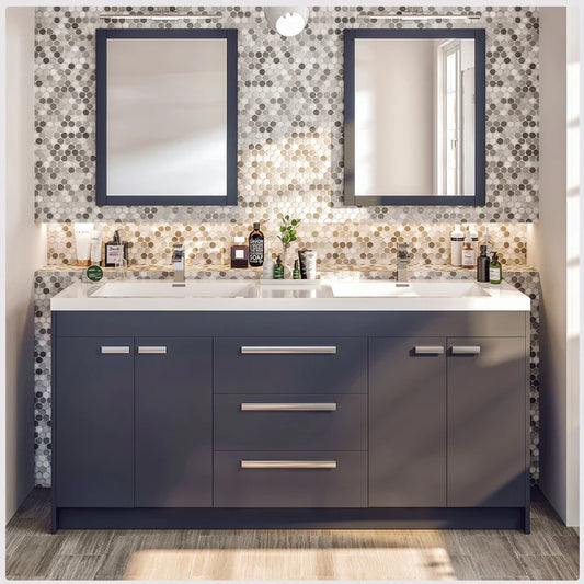 Lugano 72"W x 20"D Gray Double Sink Bathroom Vanity with White Acrylic Countertop and Integrated Sinks EVVN1700-8-72GR