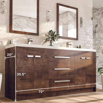 Lugano 72"W x 20"D Rosewood Double Sink Bathroom Vanity with White Acrylic Countertop and Integrated Sinks EVVN1700-8-72RSWD