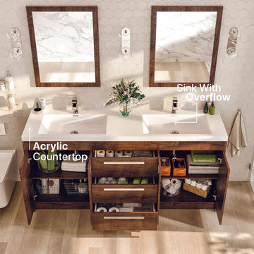 Lugano 72"W x 20"D Rosewood Double Sink Bathroom Vanity with White Acrylic Countertop and Integrated Sinks EVVN1700-8-72RSWD