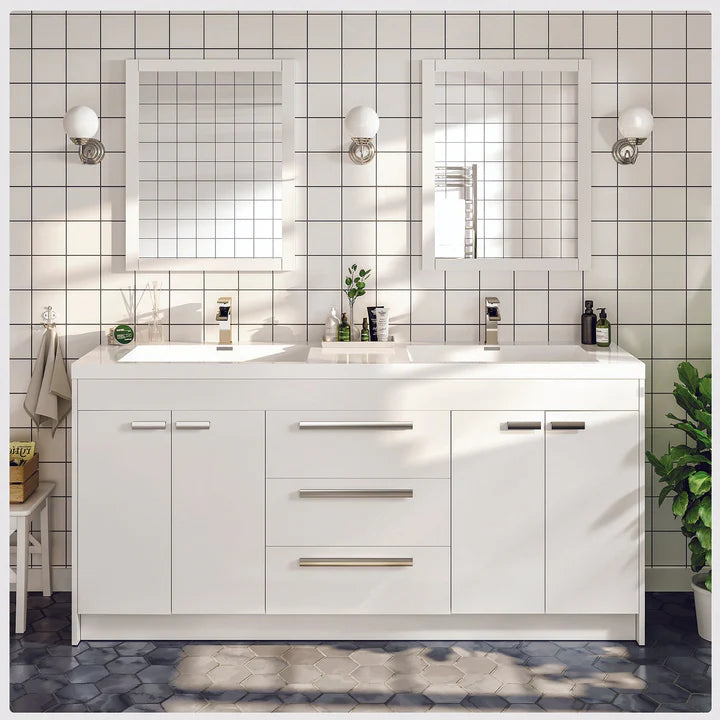 Lugano 72"W x 20"D White Double Sink Bathroom Vanity with White Acrylic Countertop and Integrated Sinks EVVN1700-8-72WH