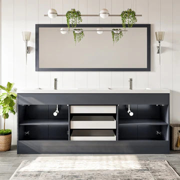 Lugano 84"W x 20"D Gray Double Sink Bathroom Vanity with White Acrylic Countertop and Integrated Sinks EVVN1900-8-84GR