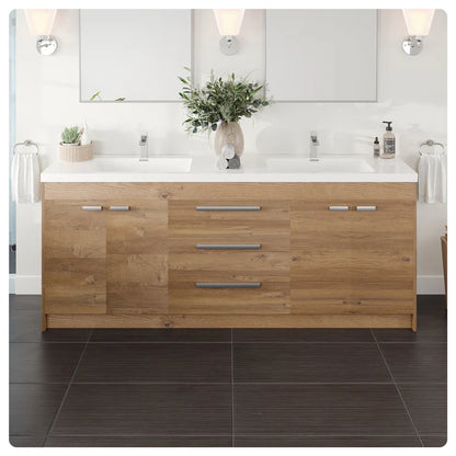 Lugano 84"W x 20"D Natural Oak Double Sink Bathroom Vanity with White Acrylic Countertop and Integrated Sinks EVVN1900-8-84NOK