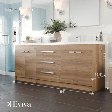 Lugano 84"W x 20"D Natural Oak Double Sink Bathroom Vanity with White Acrylic Countertop and Integrated Sinks EVVN1900-8-84NOK