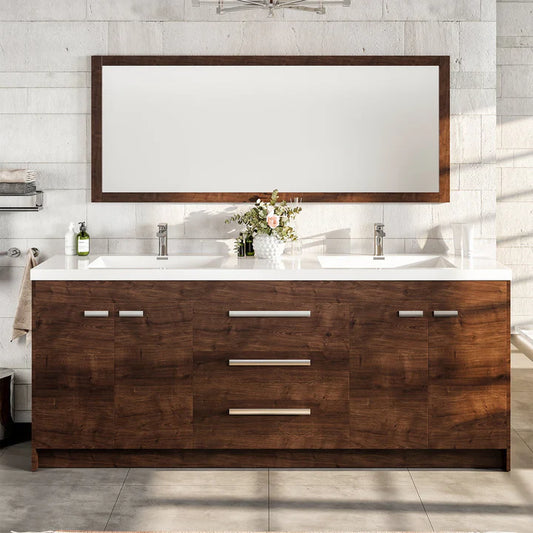 Lugano 84"W x 20"D Rosewood Double Sink Bathroom Vanity with White Acrylic Countertop and Integrated Sinks EVVN1900-8-84RSWD