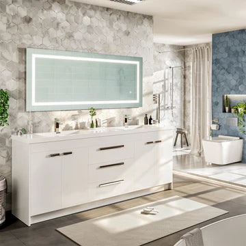 Lugano 84"W x 20"D White Double Sink Bathroom Vanity with White Acrylic Countertop and Integrated Sinks EVVN1900-8-84WH