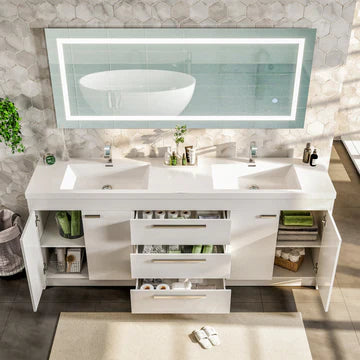 Lugano 84"W x 20"D White Double Sink Bathroom Vanity with White Acrylic Countertop and Integrated Sinks EVVN1900-8-84WH