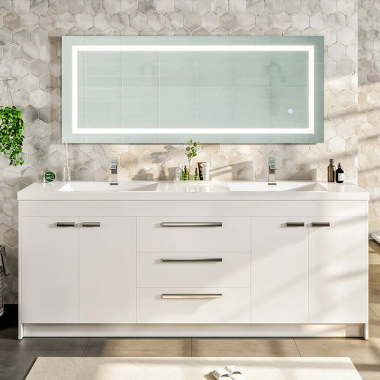 Lugano 84"W x 20"D White Double Sink Bathroom Vanity with White Acrylic Countertop and Integrated Sinks EVVN1900-8-84WH