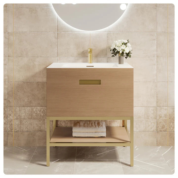 Iris 30"W x 19"D Natural Oak Bathroom Vanity with White Solid Surface Countertop and Integrated Sink EVVN203-30OAK