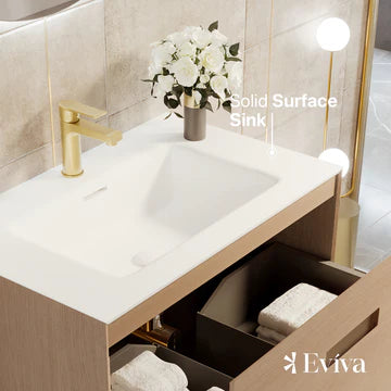 Iris 30"W x 19"D Natural Oak Bathroom Vanity with White Solid Surface Countertop and Integrated Sink EVVN203-30OAK