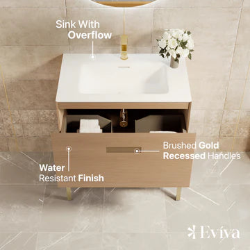 Iris 30"W x 19"D Natural Oak Bathroom Vanity with White Solid Surface Countertop and Integrated Sink EVVN203-30OAK