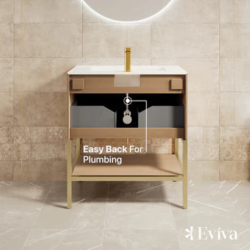 Iris 30"W x 19"D Natural Oak Bathroom Vanity with White Solid Surface Countertop and Integrated Sink EVVN203-30OAK