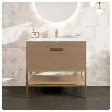 Iris 35"W x 19"D Natural Oak Bathroom Vanity with White Solid Surface Countertop and Integrated Sink EVVN203-35OAK