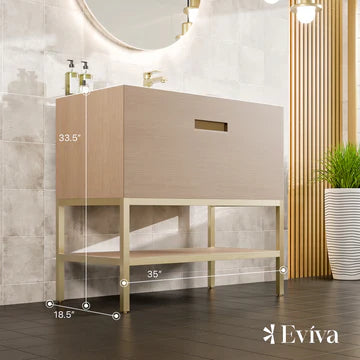 Iris 35"W x 19"D Natural Oak Bathroom Vanity with White Solid Surface Countertop and Integrated Sink EVVN203-35OAK