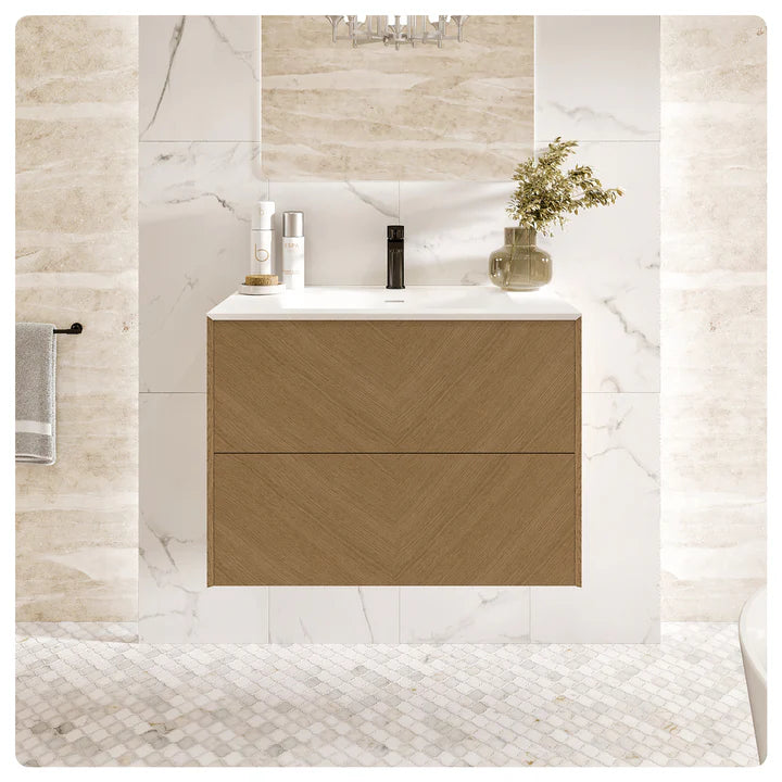 Lotus 24"W x 19"D Natural Oak Wall Mount Bathroom Vanity with White Solid Surface Countertop and Integrated Sink EVVN205-24OAK