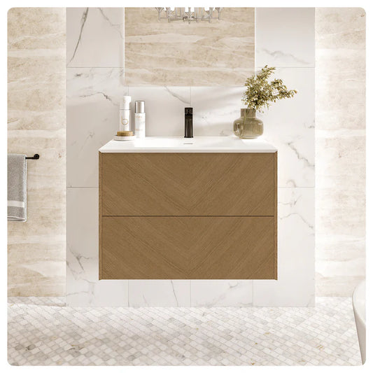 Lotus 24"W x 19"D Natural Oak Wall Mount Bathroom Vanity with White Solid Surface Countertop and Integrated Sink EVVN205-24OAK