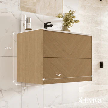 Lotus 24"W x 19"D Natural Oak Wall Mount Bathroom Vanity with White Solid Surface Countertop and Integrated Sink EVVN205-24OAK