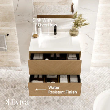 Lotus 24"W x 19"D Natural Oak Wall Mount Bathroom Vanity with White Solid Surface Countertop and Integrated Sink EVVN205-24OAK