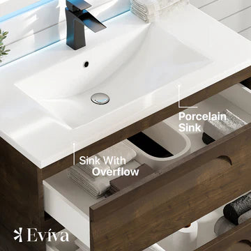 Joy 36"W x 18"D Rosewood Wall Mount Bathroom Vanity with White Porcelain Countertop and Integrated Sink EVVN23-36RW-WM