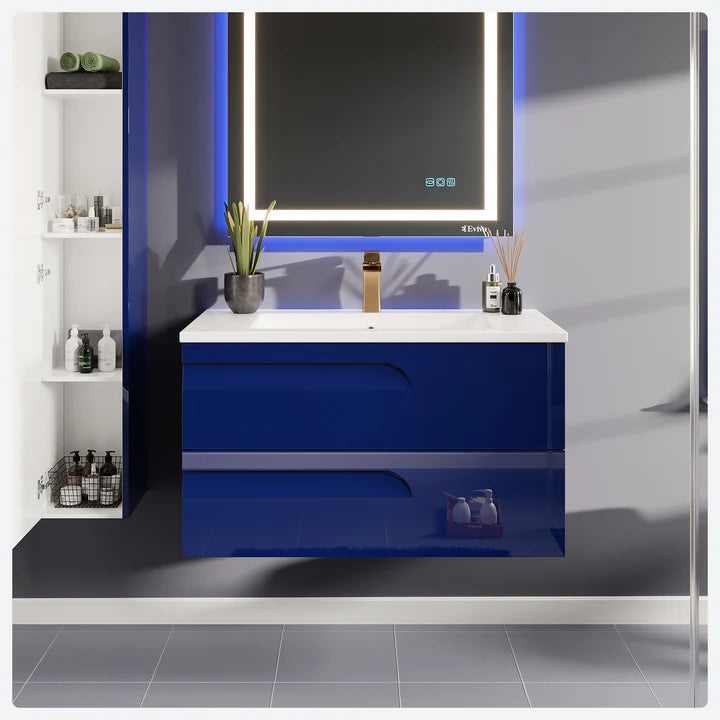 Joy 40"W x 18"D Blue Wall Mount Bathroom Vanity with White Porcelain Countertop and Integrated Sink EVVN23-39BLU-WM