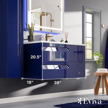 Joy 40"W x 18"D Blue Wall Mount Bathroom Vanity with White Porcelain Countertop and Integrated Sink EVVN23-39BLU-WM