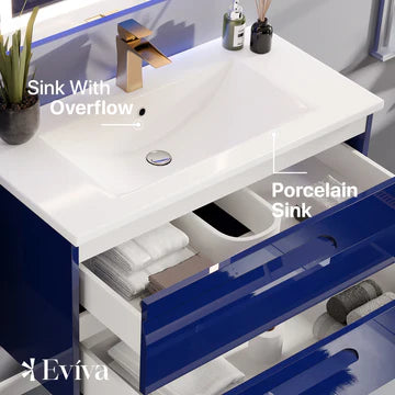 Joy 40"W x 18"D Blue Wall Mount Bathroom Vanity with White Porcelain Countertop and Integrated Sink EVVN23-39BLU-WM