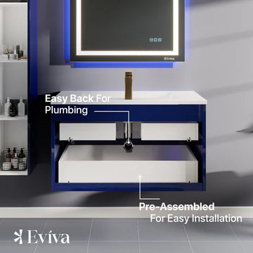 Joy 40"W x 18"D Blue Wall Mount Bathroom Vanity with White Porcelain Countertop and Integrated Sink EVVN23-39BLU-WM