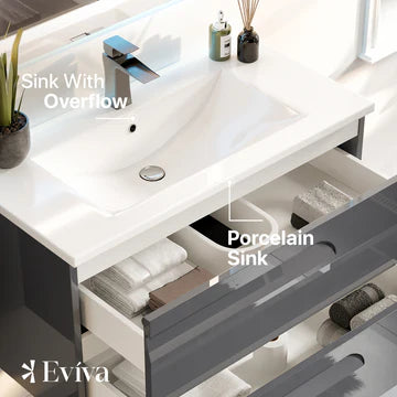 Joy 40"W x 18"D Gray Wall Mount Bathroom Vanity with White Porcelain Countertop and Integrated Sink EVVN23-39GR-WM