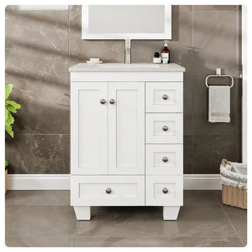 Happy 24"W x 18"D White Bathroom Vanity with White Carrara Quartz Countertop and Undermount Porcelain Sink EVVN30-24X18WH-Q