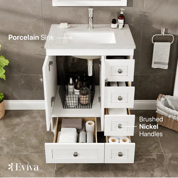 Happy 24"W x 18"D White Bathroom Vanity with White Carrara Quartz Countertop and Undermount Porcelain Sink EVVN30-24X18WH-Q