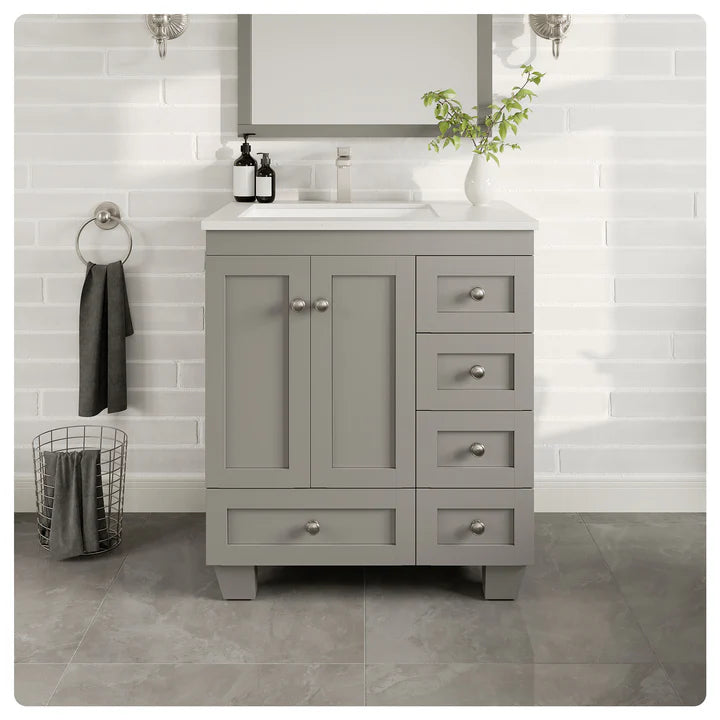 Happy 30"W x 18"D Gray Bathroom Vanity with White Carrara Quartz Countertop and Undermount Porcelain Sink EVVN30-30X18GR-Q