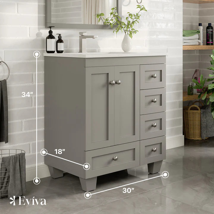 Happy 30"W x 18"D Gray Bathroom Vanity with White Carrara Quartz Countertop and Undermount Porcelain Sink EVVN30-30X18GR-Q