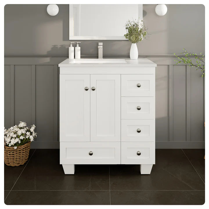 Happy 30"W x 18"D White Bathroom Vanity with White Carrara Quartz Countertop and Undermount Porcelain Sink EVVN30-30X18WH-Q