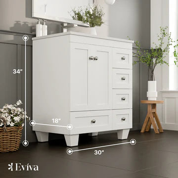 Happy 30"W x 18"D White Bathroom Vanity with White Carrara Quartz Countertop and Undermount Porcelain Sink EVVN30-30X18WH-Q