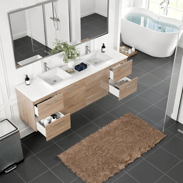 Luxy 72"W x 20"D White Oak Wall Mount Double Sink Bathroom Vanity with White Quartz Countertop and Vessel Porcelain Sinks EVVN403-72WHOK