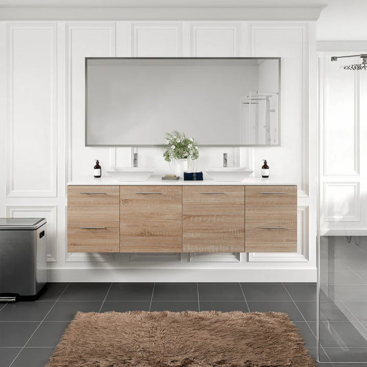 Luxy 72"W x 20"D White Oak Wall Mount Double Sink Bathroom Vanity with White Quartz Countertop and Vessel Porcelain Sinks EVVN403-72WHOK