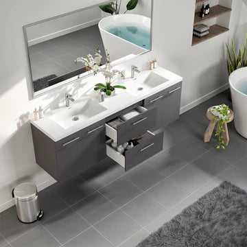 Axis 72"W x 20"D Gray Wall Mount Double Sink Bathroom Vanity with White Acrylic Countertop and Integrated Sinks EVVN404-72GR