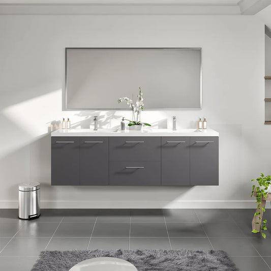 Axis 72"W x 20"D Gray Wall Mount Double Sink Bathroom Vanity with White Acrylic Countertop and Integrated Sinks EVVN404-72GR