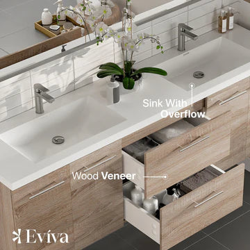 Axis 72"W x 20"D White Oak Wall Mount Double Sink Bathroom Vanity with White Acrylic Countertop and Integrated Sinks EVVN404-72WHOK