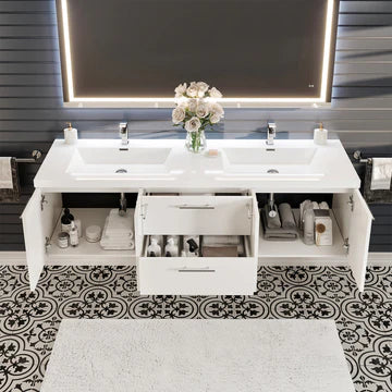 Axis 72"W x 20"D White Wall Mount Double Sink Bathroom Vanity with White Acrylic Countertop and Integrated Sinks EVVN404-72WH