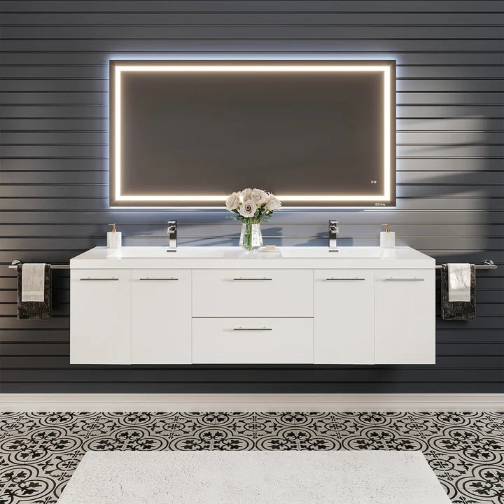 Axis 72"W x 20"D White Wall Mount Double Sink Bathroom Vanity with White Acrylic Countertop and Integrated Sinks EVVN404-72WH